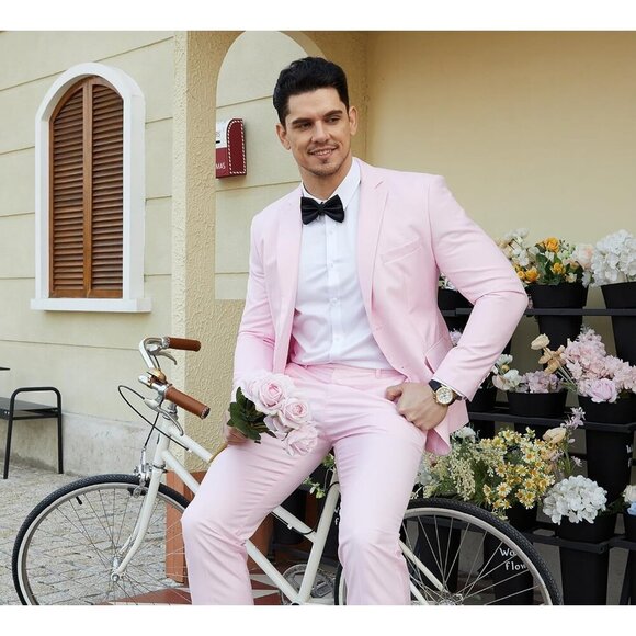 Men's Pink Single Breasted Peak Lapel 2 Piece Two Button Blazer Wedding - Picture 7 of 7